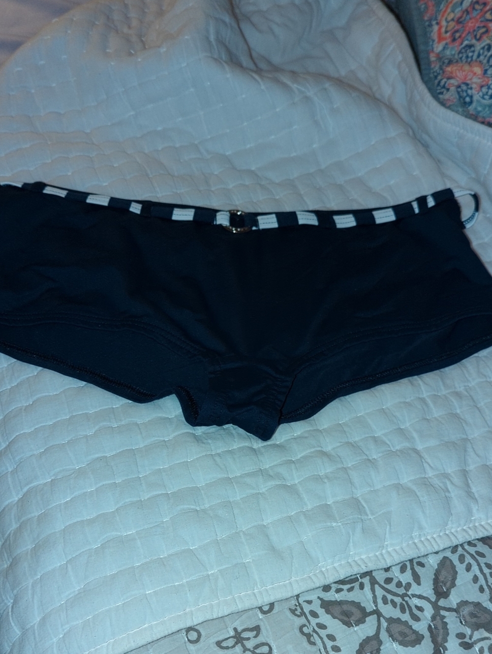 Women's Navy Boyshort Swim Bottom with Striped Waistband Accent